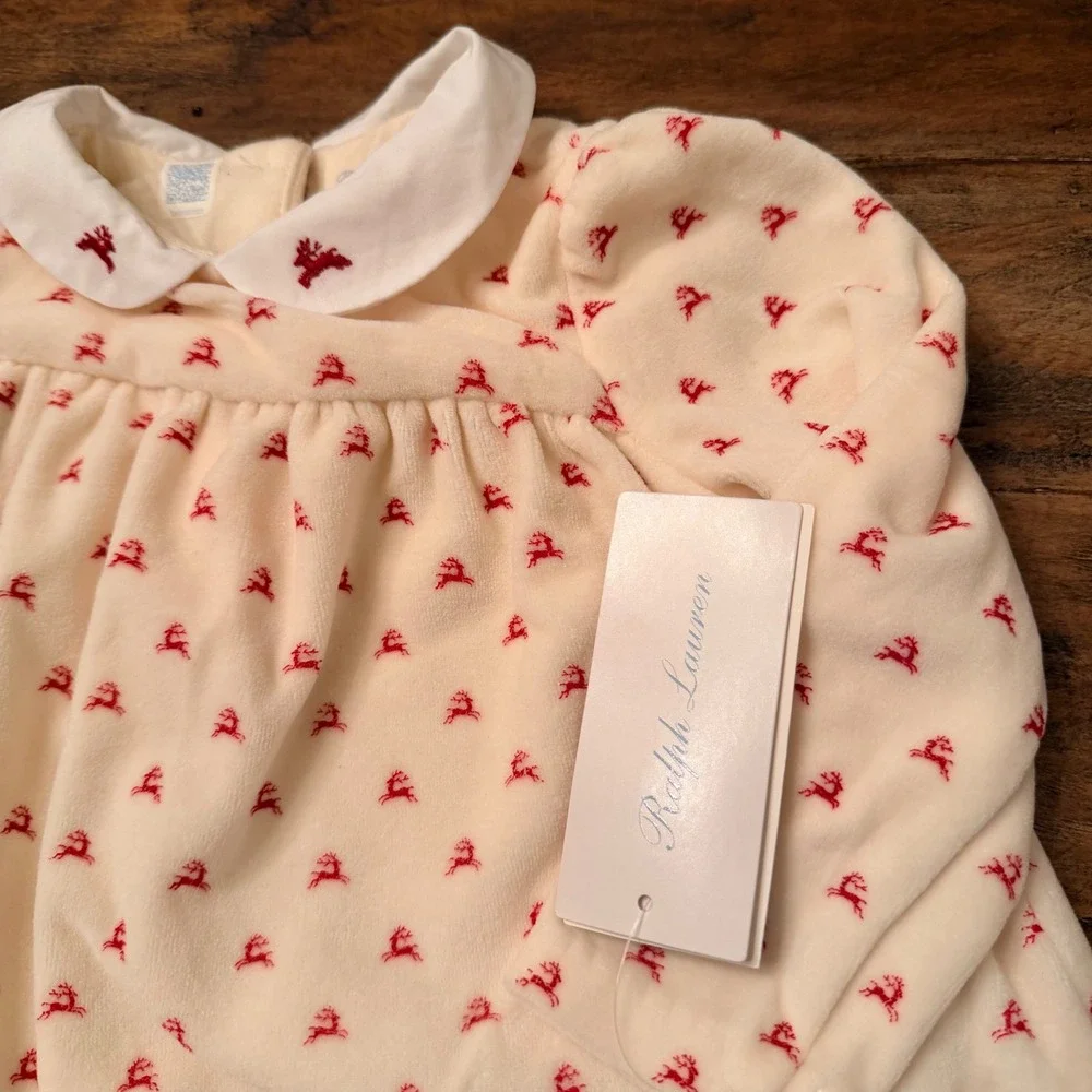 Ralph Lauren Baby Girls Ivory Red‎ Reindeer Velour Dress Bloomer Set 9M Holiday